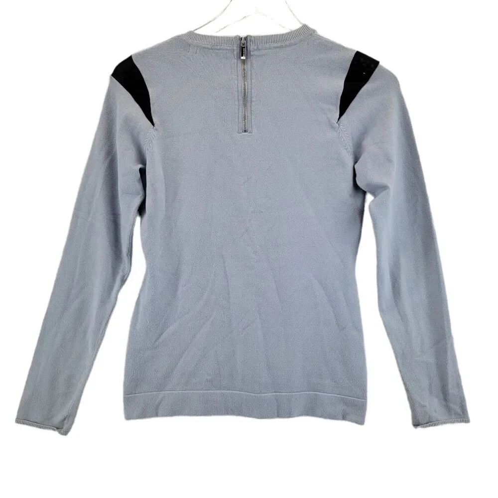 Karen Millen Crewneck Sweater Size‎ 3 XS Light Blue Black Mesh Details Zipper